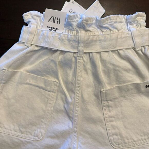 ZARA Hi Rise Rigid Paperbag Shorts White Denim Belt Size 2 Cotton Pockets Cuff - Picture 4 of 14